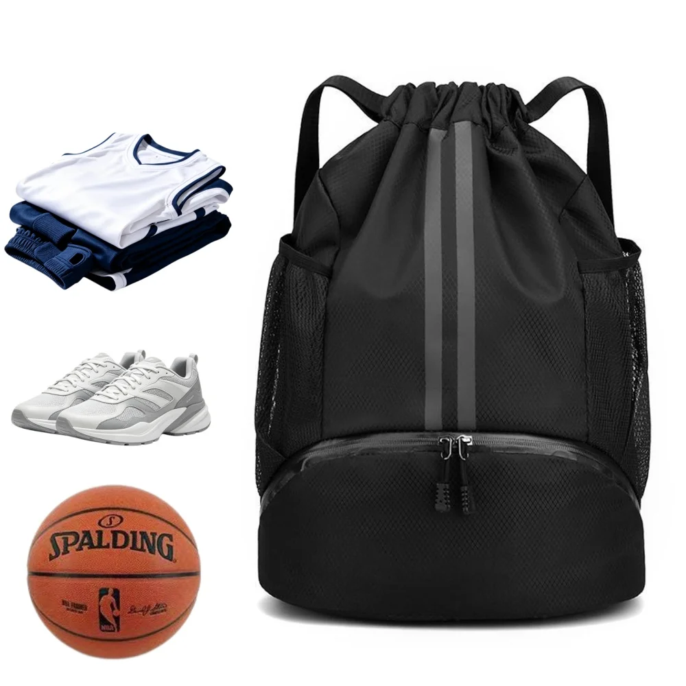 Yoga Fitness Bag - กระเป๋าเป้กีฬาแบบมีเชือกผูก, กระเป๋าออกกำลังกายน้ำหนักเบาพร้อมช่องใส่รองเท้าและช่องแยกของเปียกและแห้ง, เหมาะสำหรับบาสเก็ตบอล ฟุตบอล ว่ายน้ำ โยคะ