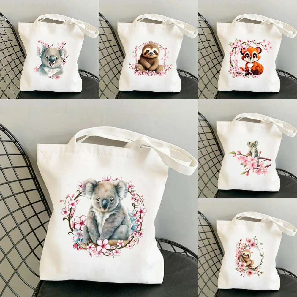 Yoga Fitness Bag - กระเป๋าผ้าแคนวาสพิมพ์ลายโคอาล่าเชอร์รี่บลอสซอม 1 ใบ เป็นมิตรกับสิ่งแวดล้อม ใช้ซ้ำได้ ขนาดใหญ่