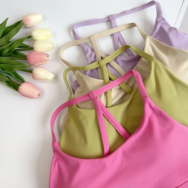 Yoga Fitness Tapis - สีทึบฟิตเนสผู้หญิงสปอร์ตบรา ยิม โยคะบรา แอธเลติกครอส ท็อปออกกำลังกายพร้อมแผ่นรองหน้าอก คุณภาพสูงกันกระแทก